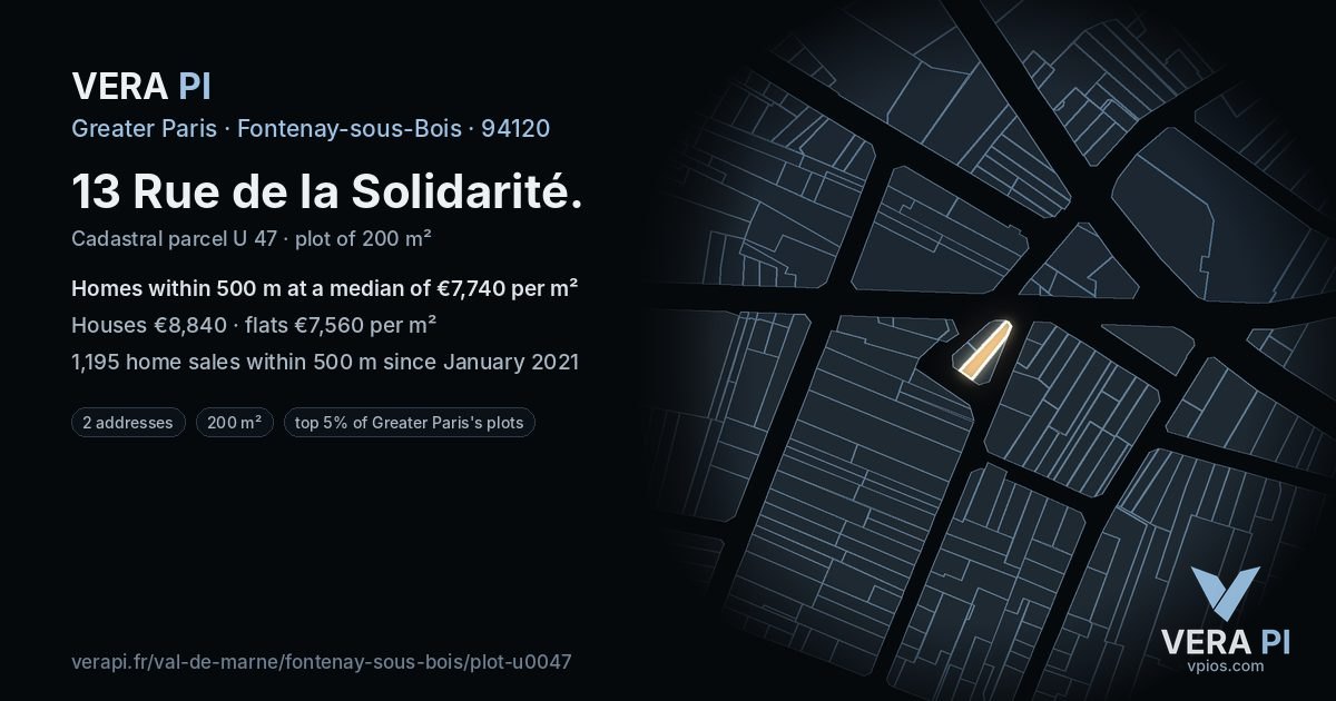 13 Rue de la Solidarité, Fontenay-sous-Bois at night – the plot lit, the parcels around coloured by the prices near them