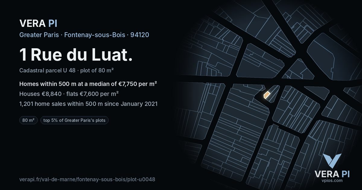 1 Rue du Luat, Fontenay-sous-Bois at night – the plot lit, the parcels around coloured by the prices near them