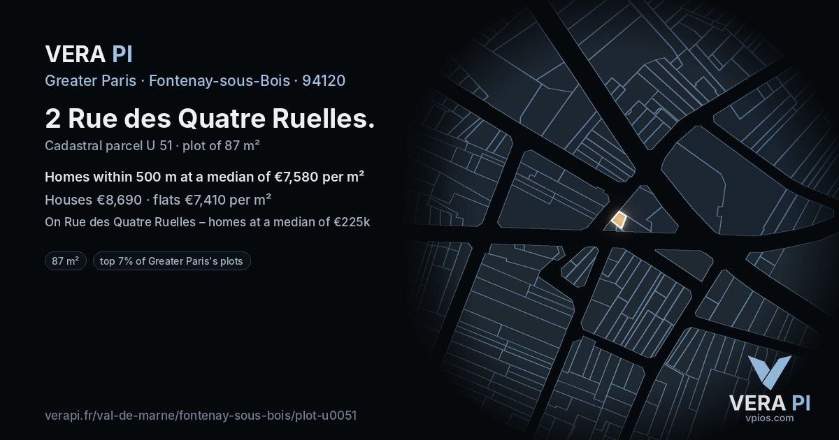 2 Rue des Quatre Ruelles, Fontenay-sous-Bois at night – the plot lit, the parcels around coloured by the prices near them