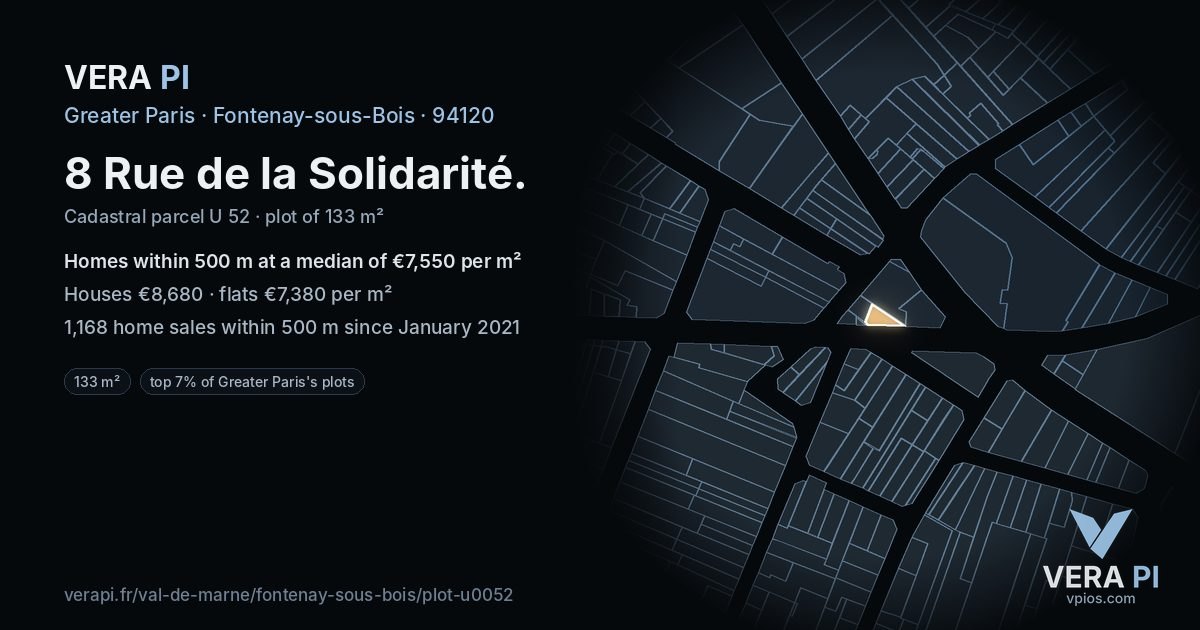 8 Rue de la Solidarité, Fontenay-sous-Bois at night – the plot lit, the parcels around coloured by the prices near them