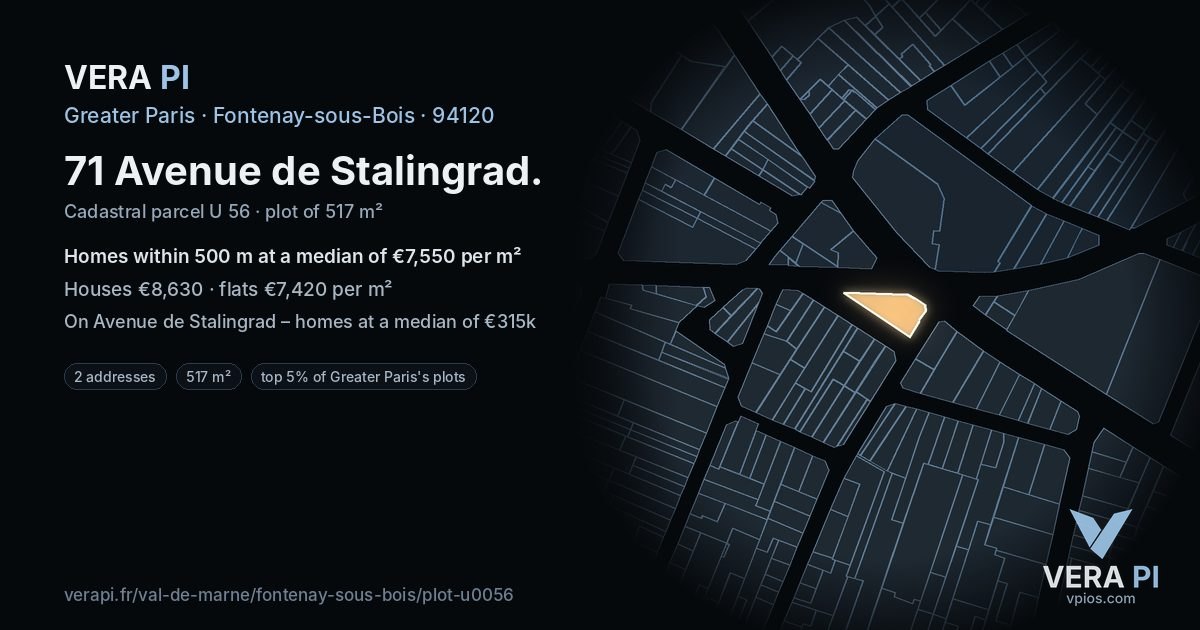 71 Avenue de Stalingrad, Fontenay-sous-Bois at night – the plot lit, the parcels around coloured by the prices near them