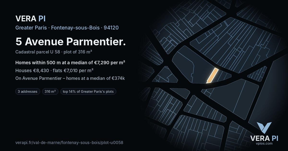 5 Avenue Parmentier, Fontenay-sous-Bois at night – the plot lit, the parcels around coloured by the prices near them