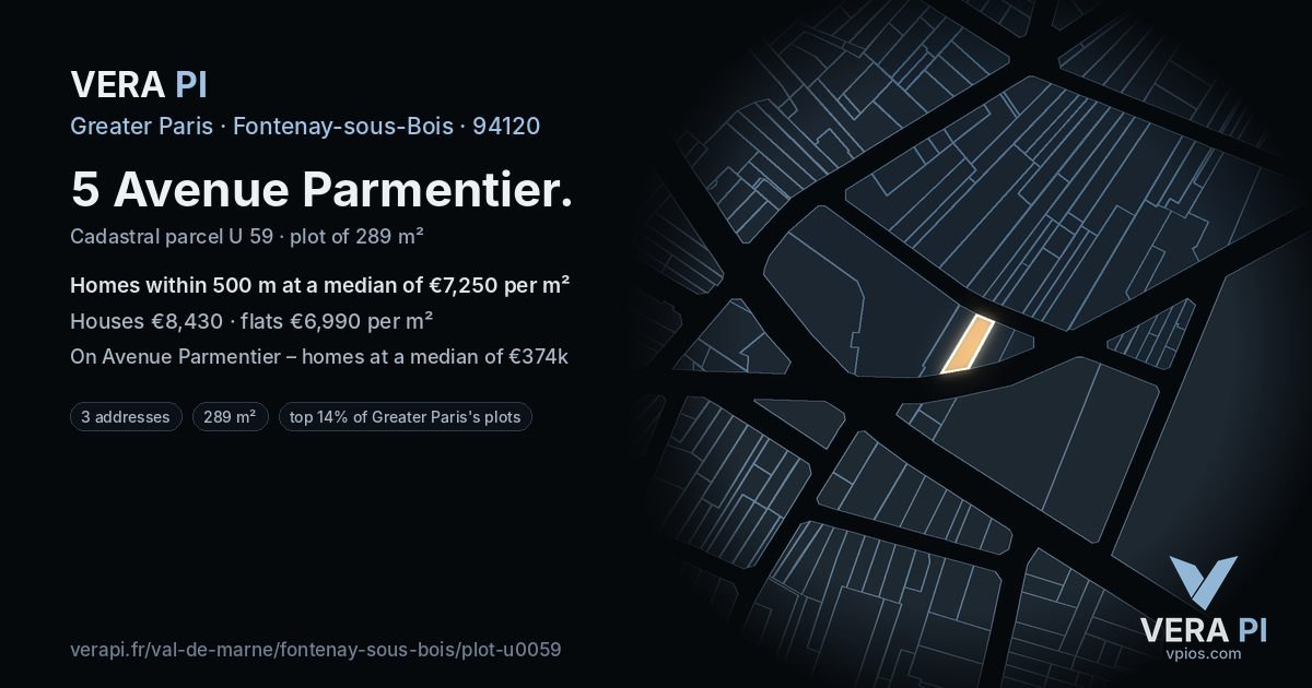 5 Avenue Parmentier, Fontenay-sous-Bois at night – the plot lit, the parcels around coloured by the prices near them