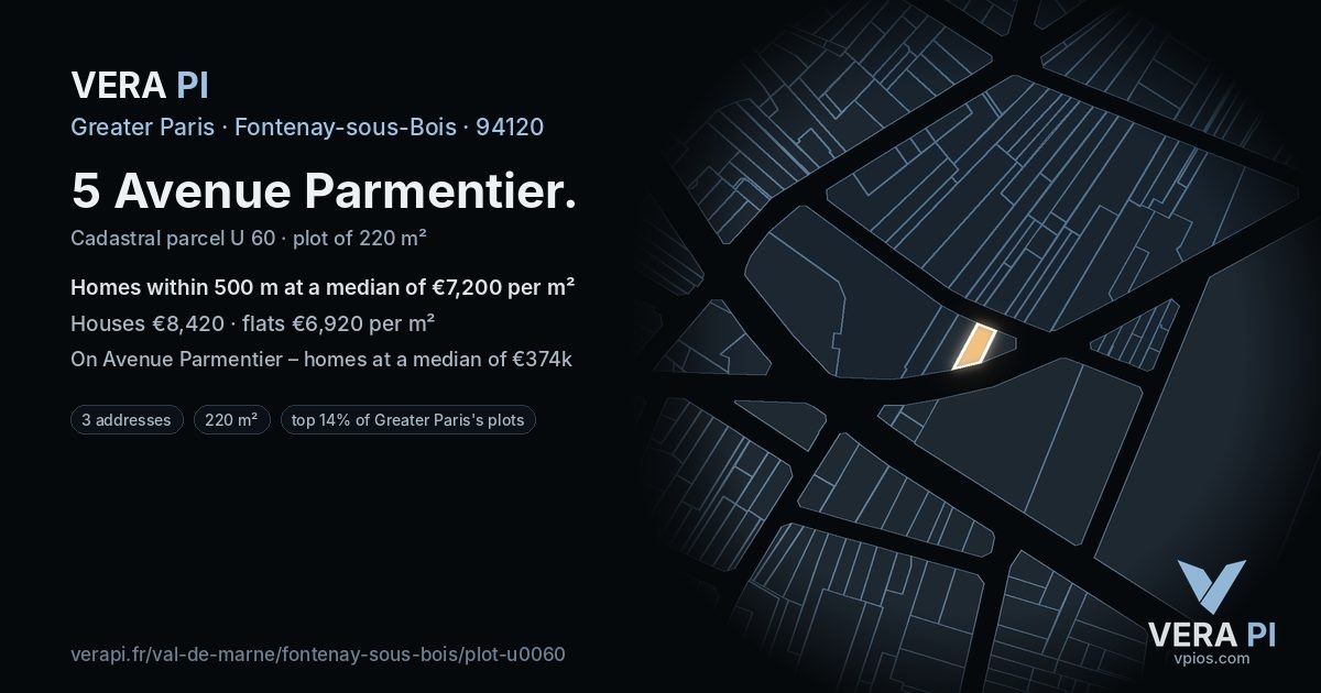 5 Avenue Parmentier, Fontenay-sous-Bois at night – the plot lit, the parcels around coloured by the prices near them