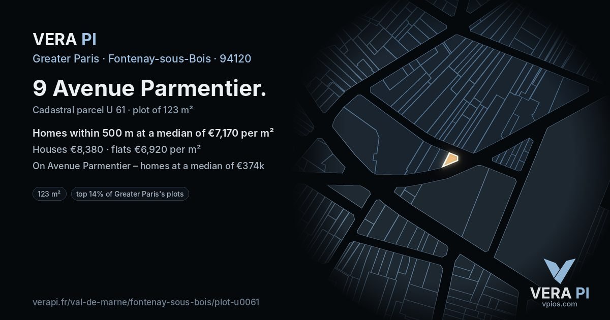 9 Avenue Parmentier, Fontenay-sous-Bois at night – the plot lit, the parcels around coloured by the prices near them