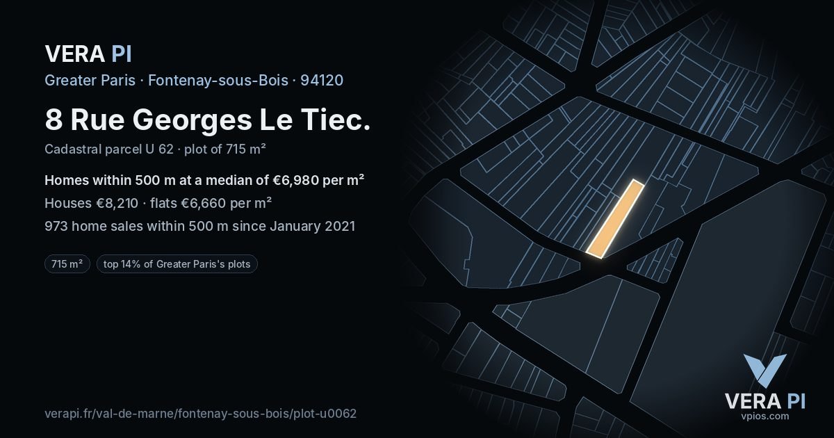8 Rue Georges Le Tiec, Fontenay-sous-Bois at night – the plot lit, the parcels around coloured by the prices near them