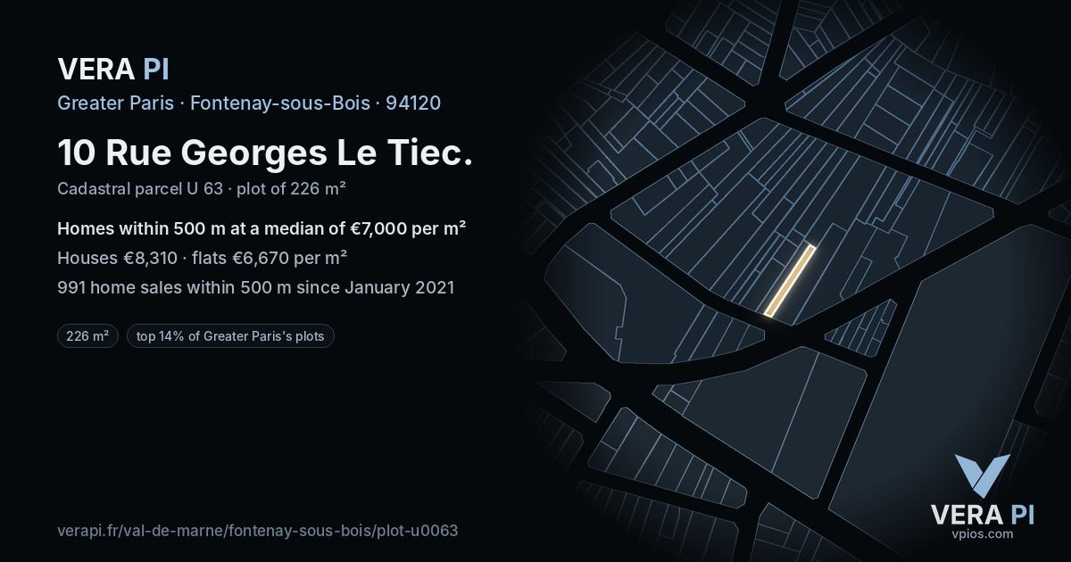 10 Rue Georges Le Tiec, Fontenay-sous-Bois at night – the plot lit, the parcels around coloured by the prices near them