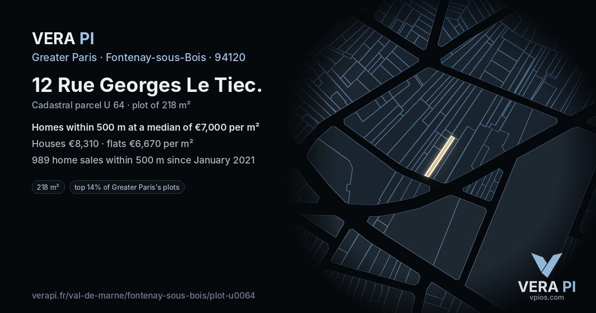 12 Rue Georges Le Tiec, Fontenay-sous-Bois at night – the plot lit, the parcels around coloured by the prices near them