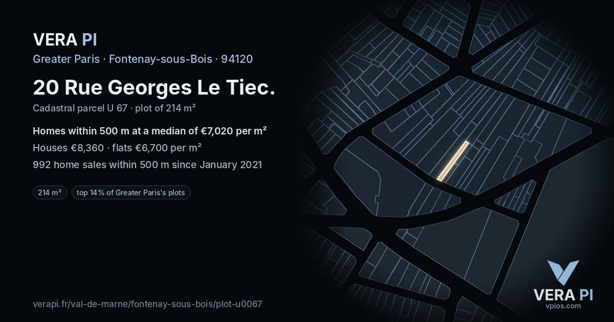 20 Rue Georges Le Tiec, Fontenay-sous-Bois at night – the plot lit, the parcels around coloured by the prices near them