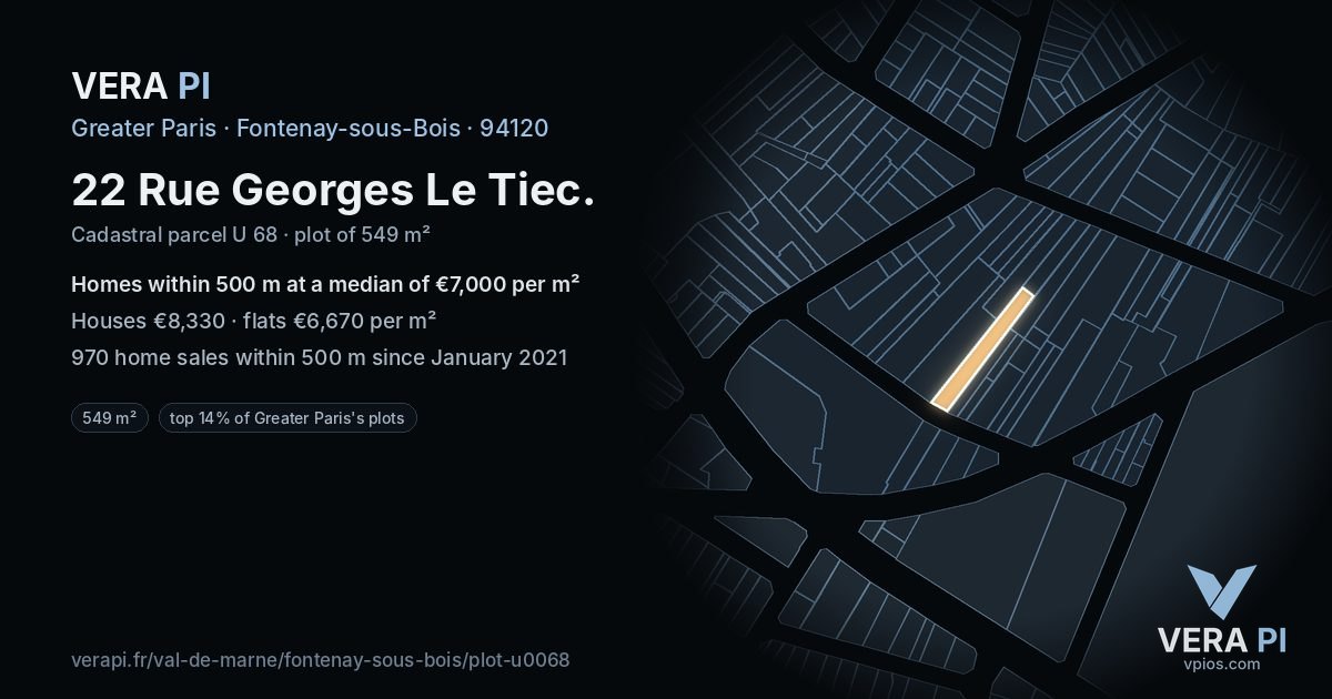 22 Rue Georges Le Tiec, Fontenay-sous-Bois at night – the plot lit, the parcels around coloured by the prices near them