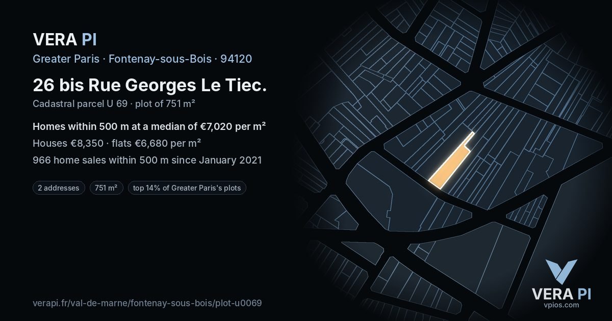 26 bis Rue Georges Le Tiec, Fontenay-sous-Bois at night – the plot lit, the parcels around coloured by the prices near them