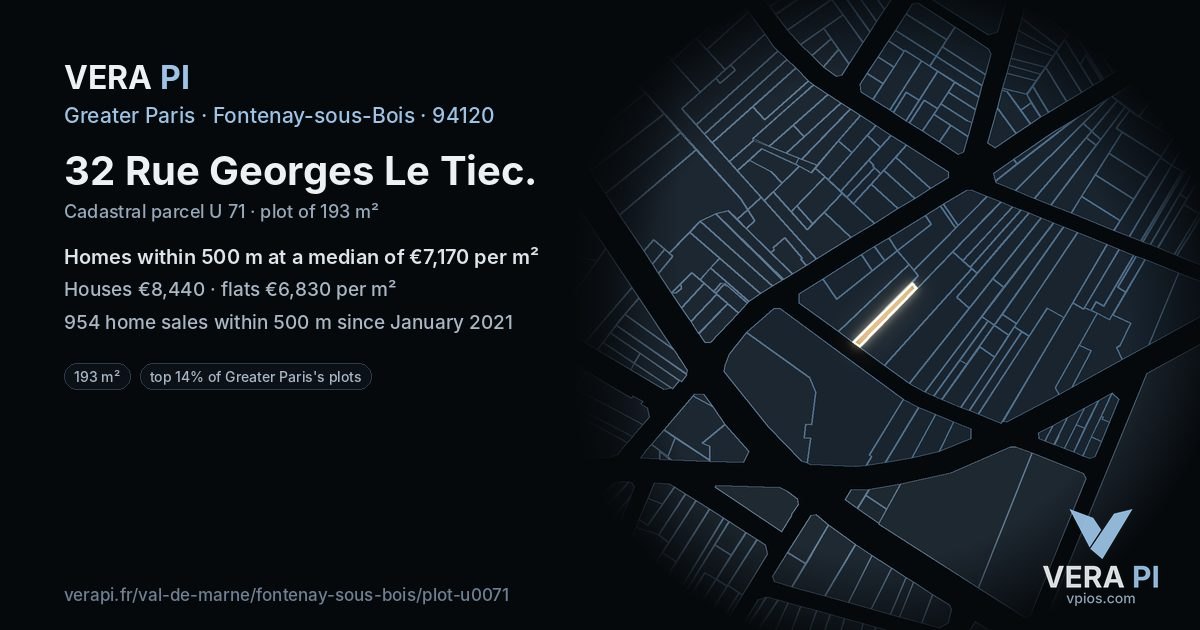 32 Rue Georges Le Tiec, Fontenay-sous-Bois at night – the plot lit, the parcels around coloured by the prices near them