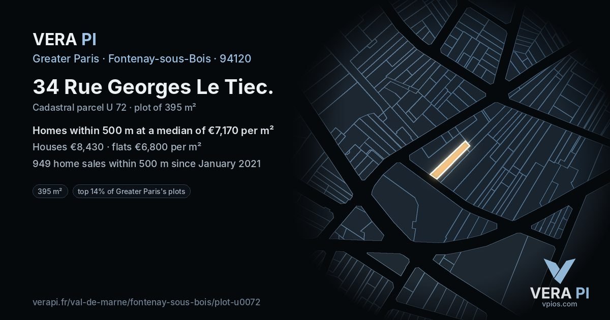 34 Rue Georges Le Tiec, Fontenay-sous-Bois at night – the plot lit, the parcels around coloured by the prices near them