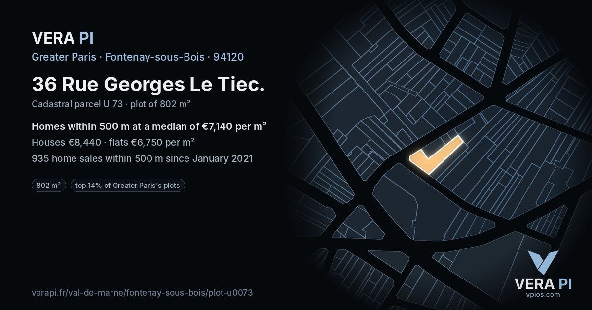 36 Rue Georges Le Tiec, Fontenay-sous-Bois at night – the plot lit, the parcels around coloured by the prices near them