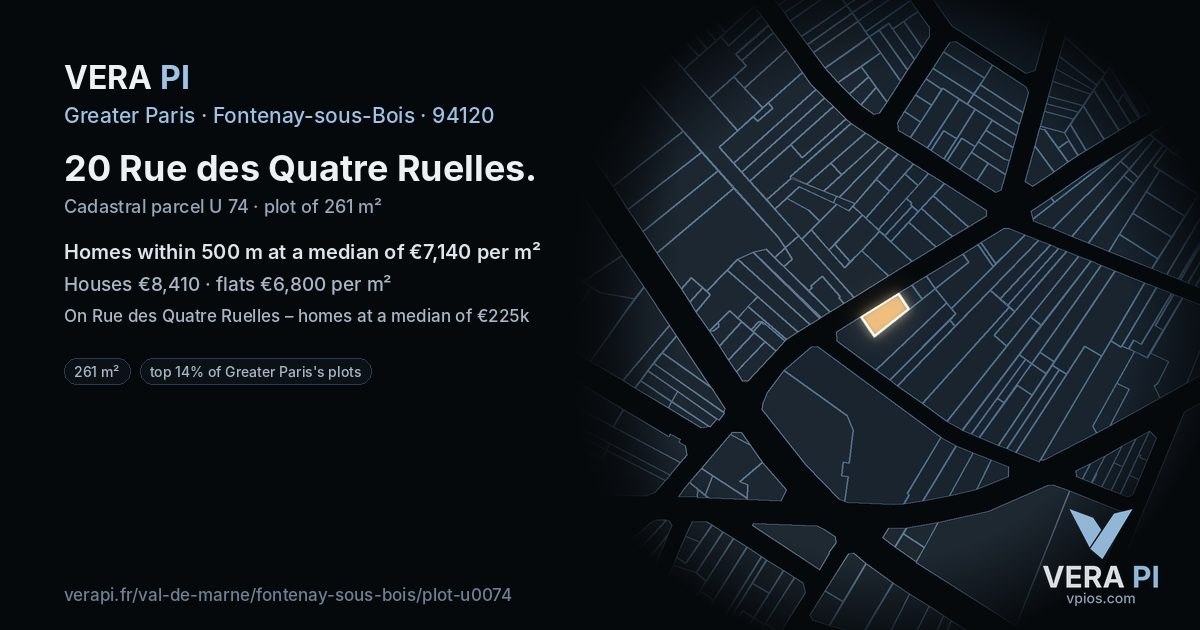 20 Rue des Quatre Ruelles, Fontenay-sous-Bois at night – the plot lit, the parcels around coloured by the prices near them