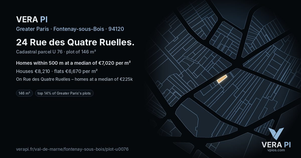 24 Rue des Quatre Ruelles, Fontenay-sous-Bois at night – the plot lit, the parcels around coloured by the prices near them