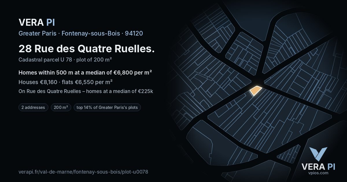 28 Rue des Quatre Ruelles, Fontenay-sous-Bois at night – the plot lit, the parcels around coloured by the prices near them