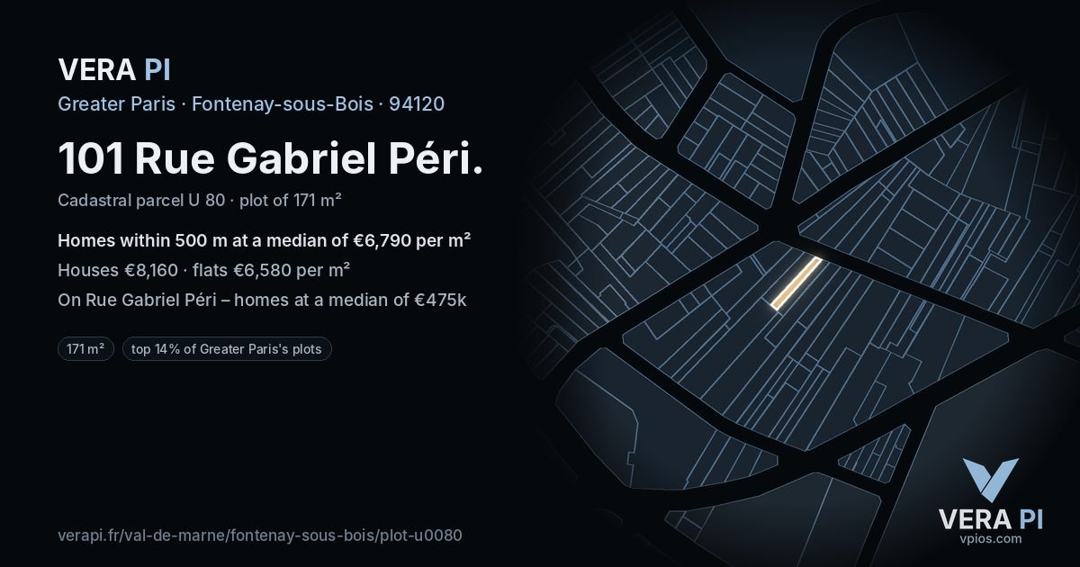 101 Rue Gabriel Péri, Fontenay-sous-Bois at night – the plot lit, the parcels around coloured by the prices near them