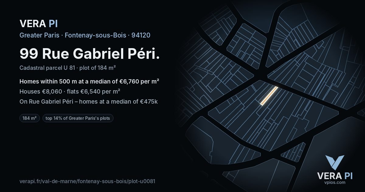 99 Rue Gabriel Péri, Fontenay-sous-Bois at night – the plot lit, the parcels around coloured by the prices near them