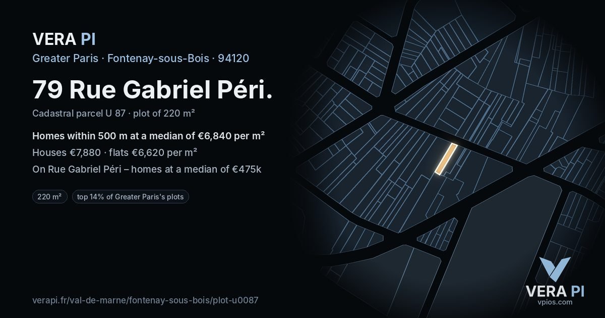 79 Rue Gabriel Péri, Fontenay-sous-Bois at night – the plot lit, the parcels around coloured by the prices near them