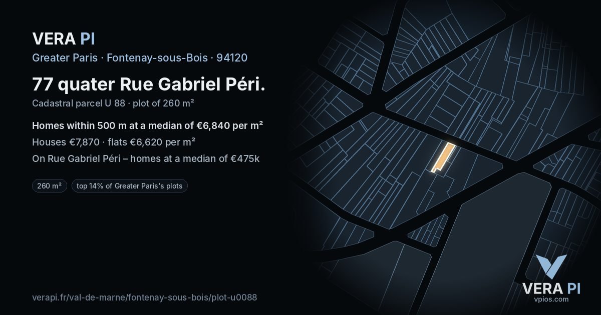 77 quater Rue Gabriel Péri, Fontenay-sous-Bois at night – the plot lit, the parcels around coloured by the prices near them