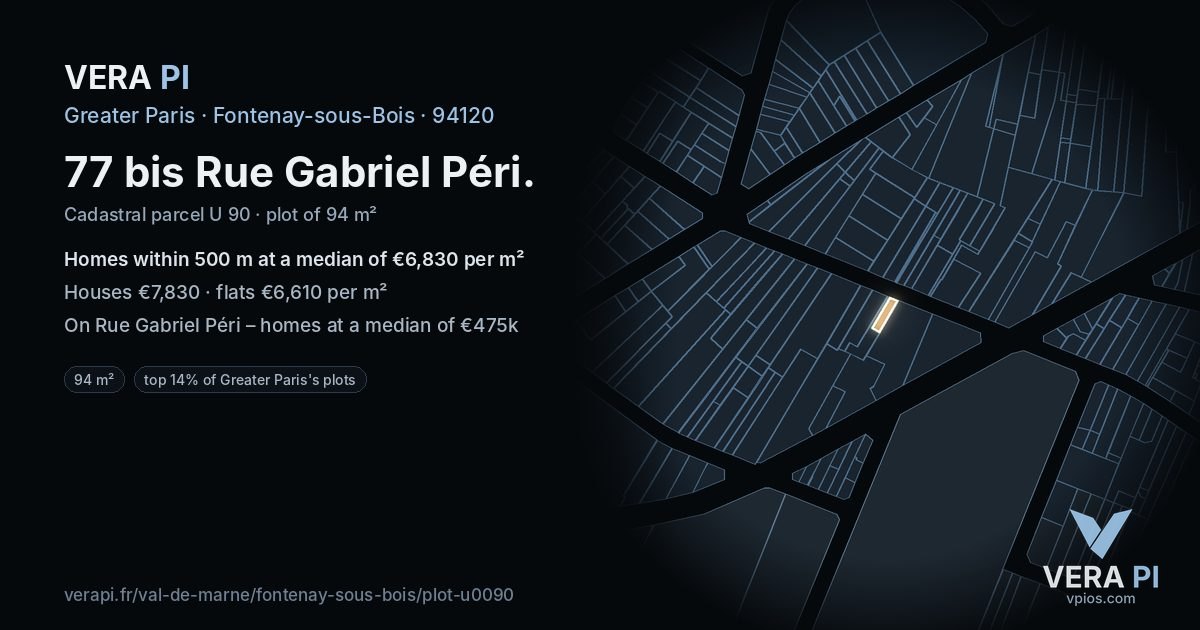 77 bis Rue Gabriel Péri, Fontenay-sous-Bois at night – the plot lit, the parcels around coloured by the prices near them