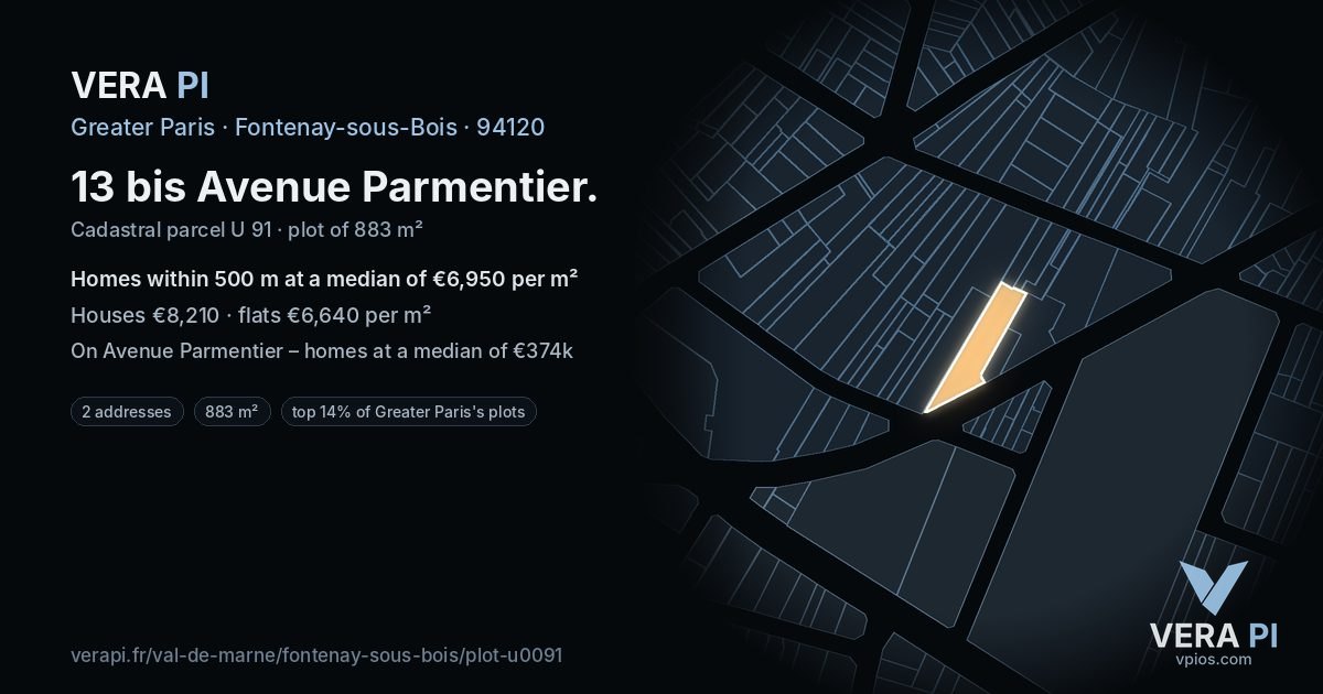 13 bis Avenue Parmentier, Fontenay-sous-Bois at night – the plot lit, the parcels around coloured by the prices near them