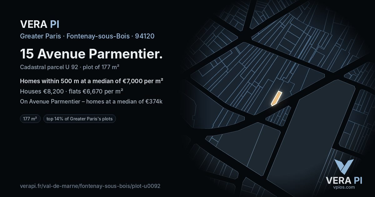 15 Avenue Parmentier, Fontenay-sous-Bois at night – the plot lit, the parcels around coloured by the prices near them