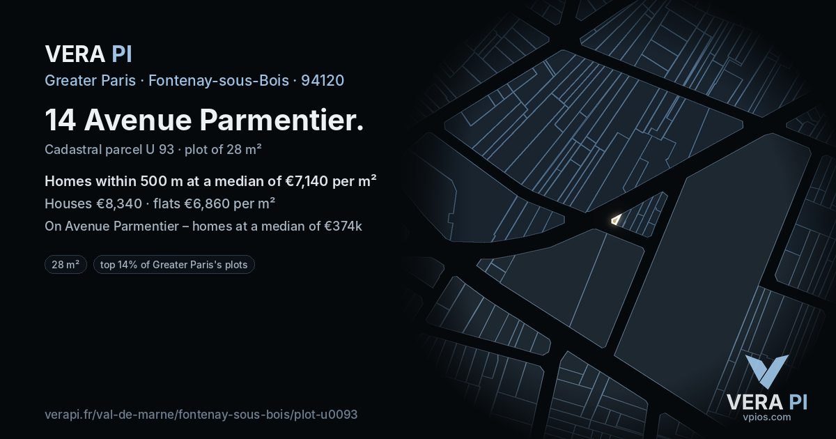 14 Avenue Parmentier, Fontenay-sous-Bois at night – the plot lit, the parcels around coloured by the prices near them