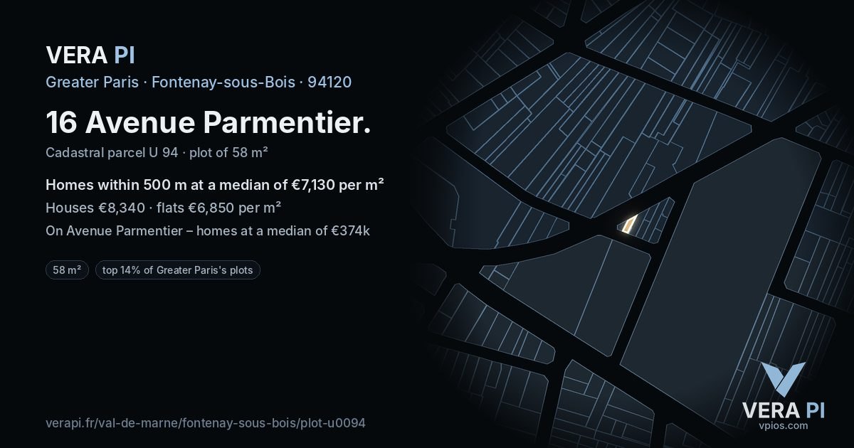 16 Avenue Parmentier, Fontenay-sous-Bois at night – the plot lit, the parcels around coloured by the prices near them