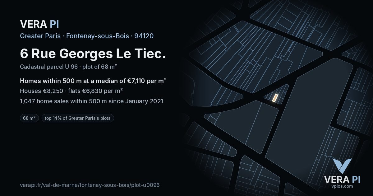 6 Rue Georges Le Tiec, Fontenay-sous-Bois at night – the plot lit, the parcels around coloured by the prices near them