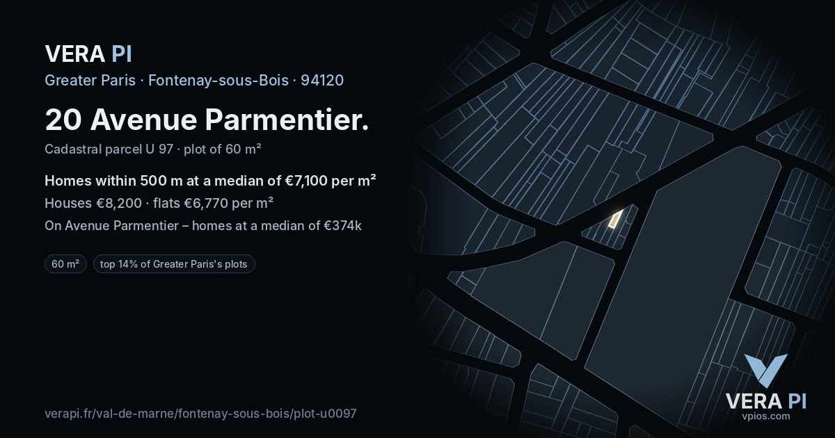 20 Avenue Parmentier, Fontenay-sous-Bois at night – the plot lit, the parcels around coloured by the prices near them