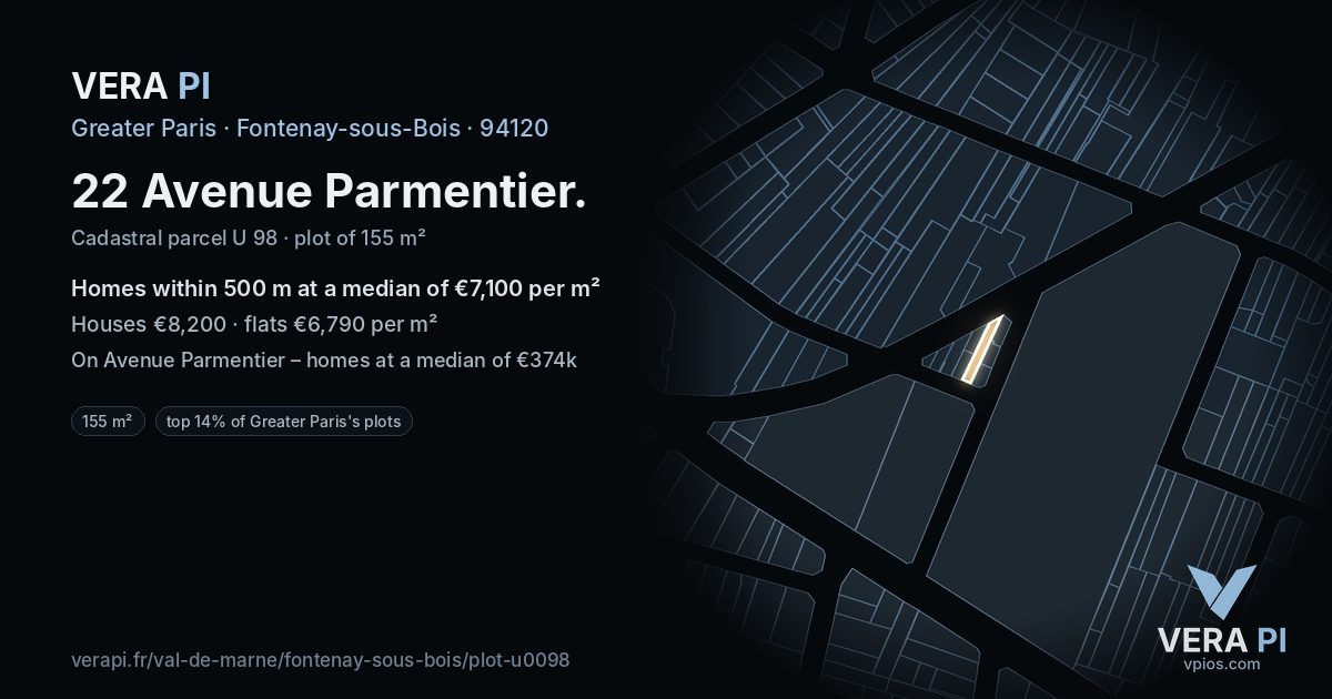 22 Avenue Parmentier, Fontenay-sous-Bois at night – the plot lit, the parcels around coloured by the prices near them
