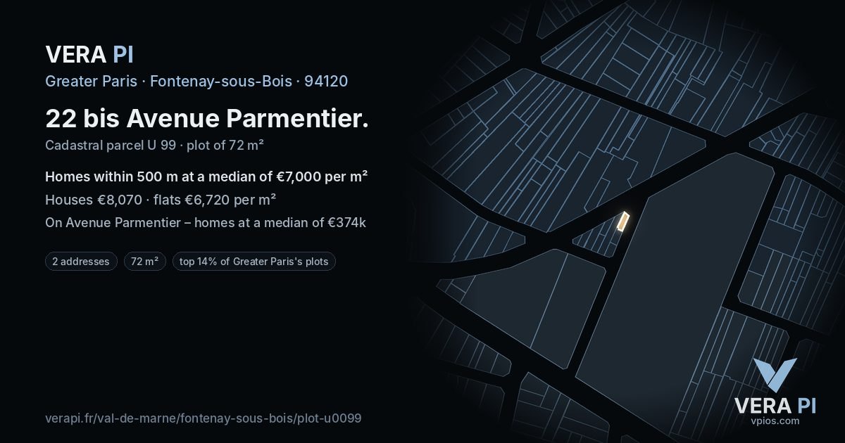 22 bis Avenue Parmentier, Fontenay-sous-Bois at night – the plot lit, the parcels around coloured by the prices near them