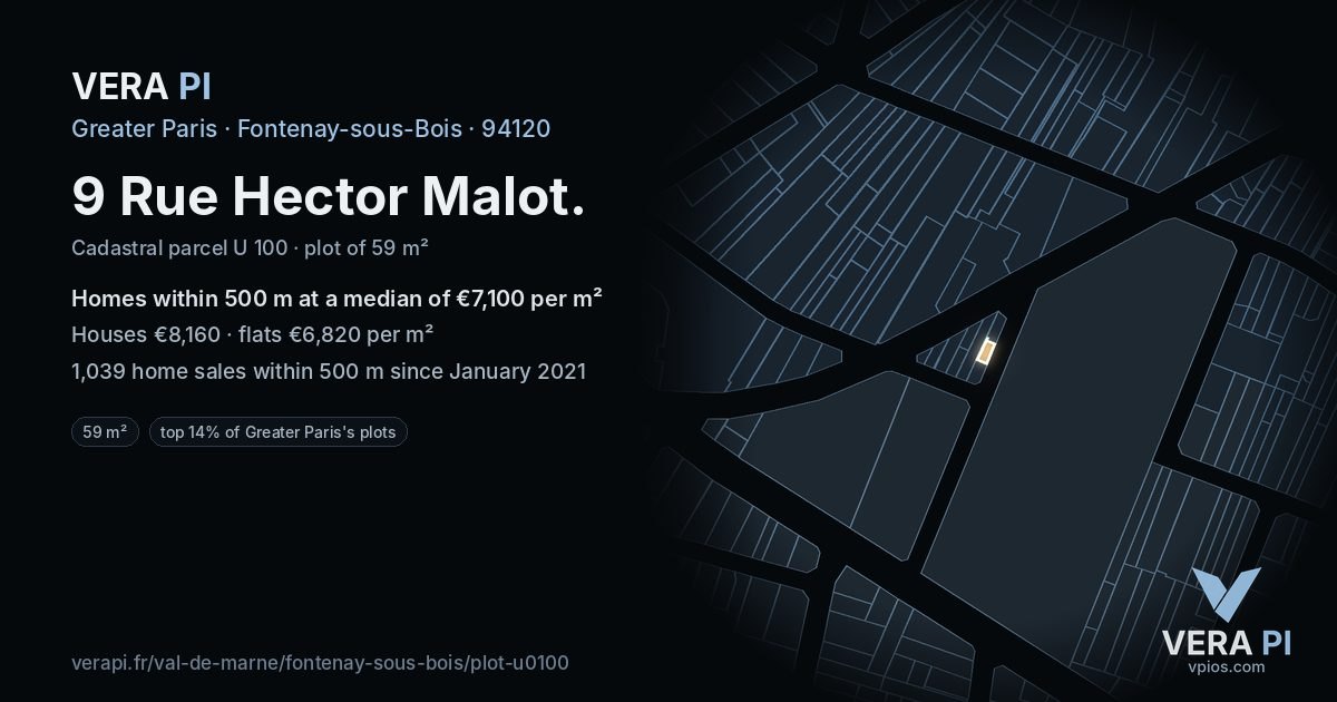 9 Rue Hector Malot, Fontenay-sous-Bois at night – the plot lit, the parcels around coloured by the prices near them