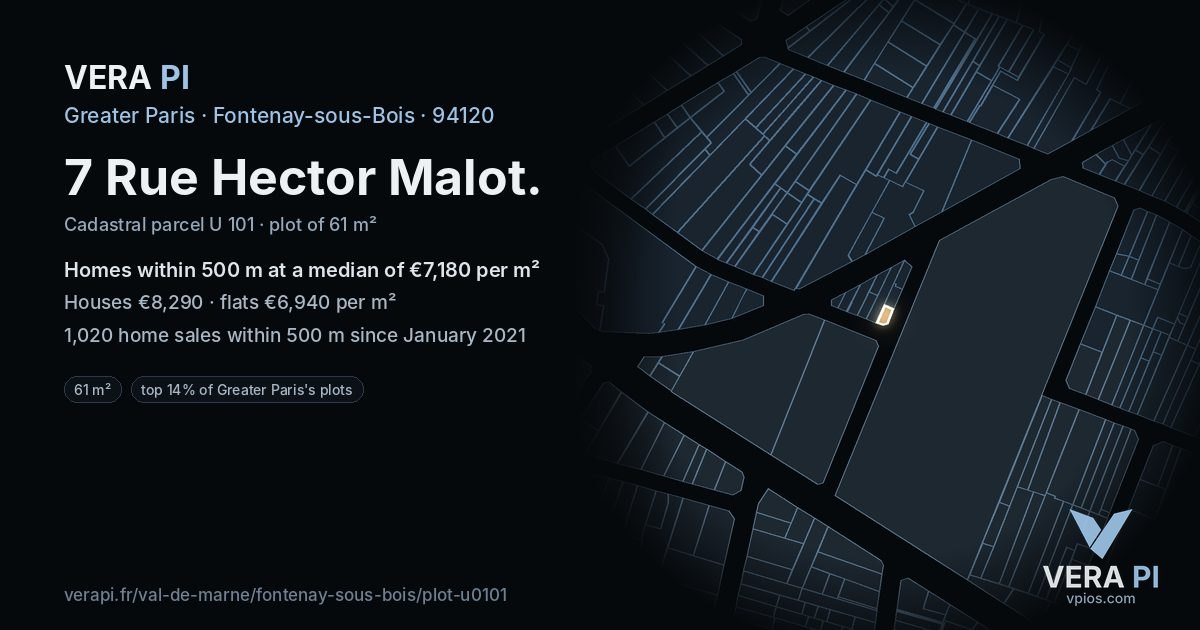 7 Rue Hector Malot, Fontenay-sous-Bois at night – the plot lit, the parcels around coloured by the prices near them