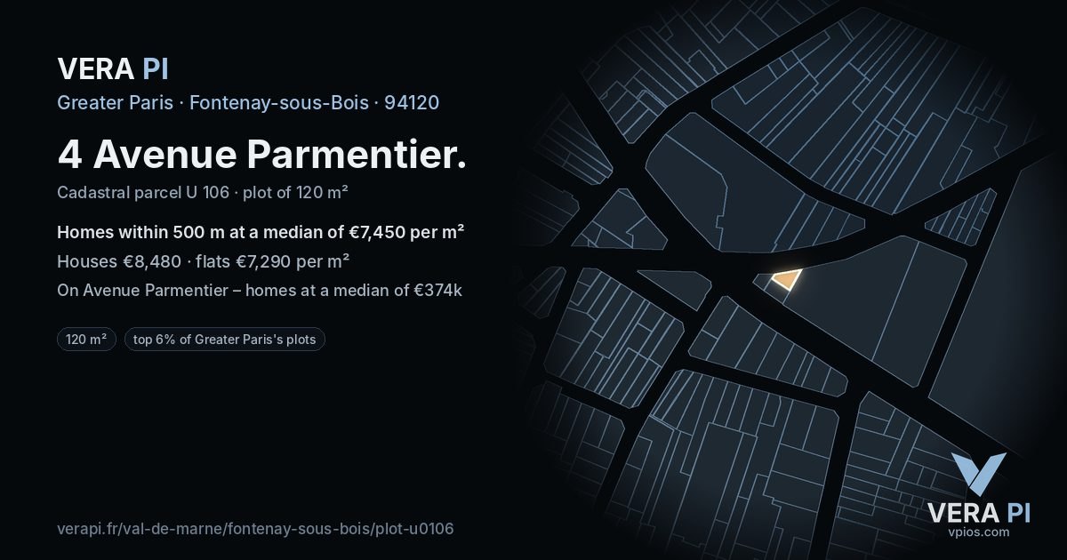 4 Avenue Parmentier, Fontenay-sous-Bois at night – the plot lit, the parcels around coloured by the prices near them