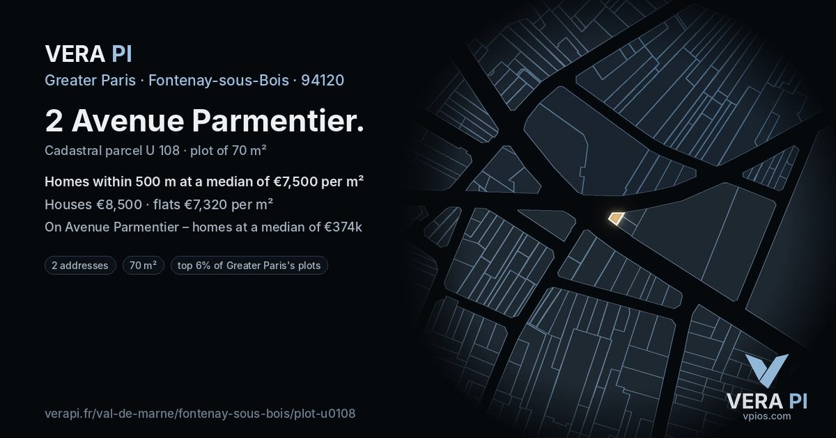 2 Avenue Parmentier, Fontenay-sous-Bois at night – the plot lit, the parcels around coloured by the prices near them