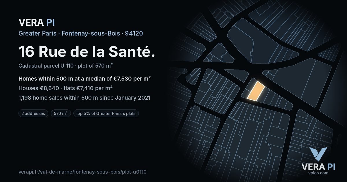 16 Rue de la Santé, Fontenay-sous-Bois at night – the plot lit, the parcels around coloured by the prices near them