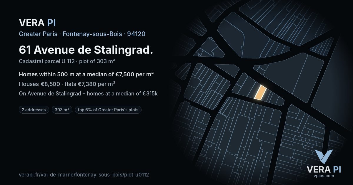 61 Avenue de Stalingrad, Fontenay-sous-Bois at night – the plot lit, the parcels around coloured by the prices near them