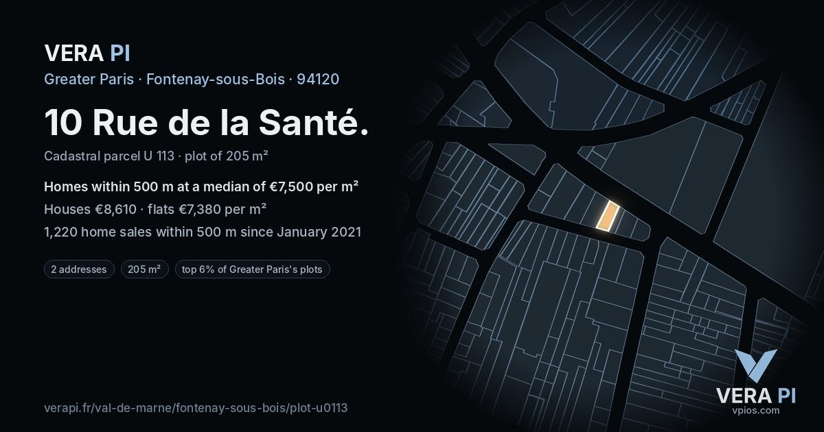 10 Rue de la Santé, Fontenay-sous-Bois at night – the plot lit, the parcels around coloured by the prices near them