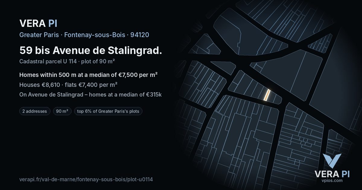 59 bis Avenue de Stalingrad, Fontenay-sous-Bois at night – the plot lit, the parcels around coloured by the prices near them