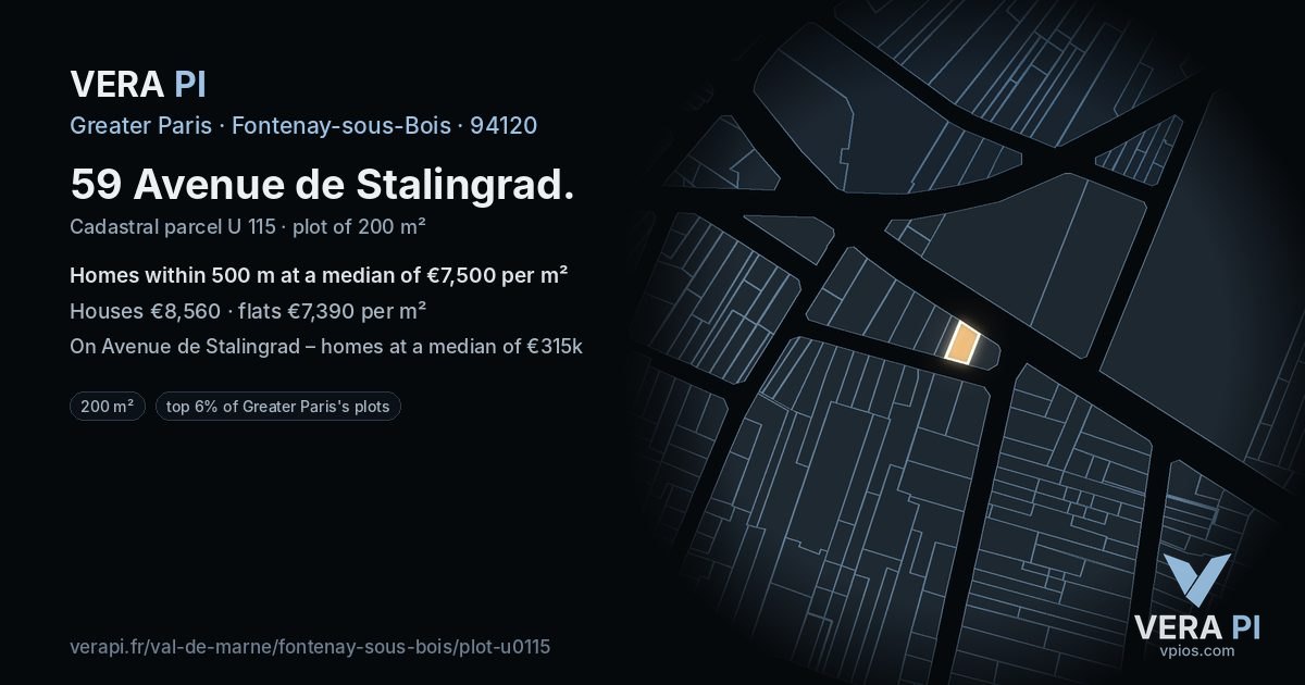 59 Avenue de Stalingrad, Fontenay-sous-Bois at night – the plot lit, the parcels around coloured by the prices near them