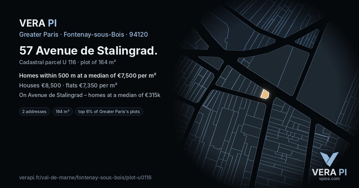 57 Avenue de Stalingrad, Fontenay-sous-Bois at night – the plot lit, the parcels around coloured by the prices near them