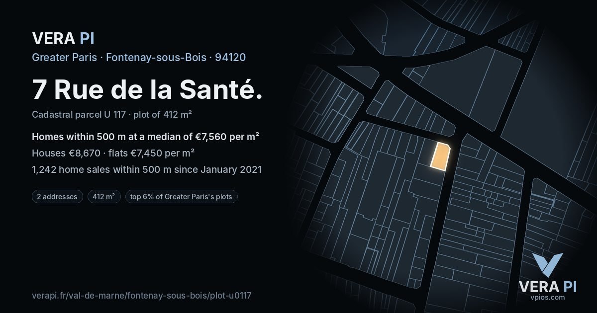 7 Rue de la Santé, Fontenay-sous-Bois at night – the plot lit, the parcels around coloured by the prices near them
