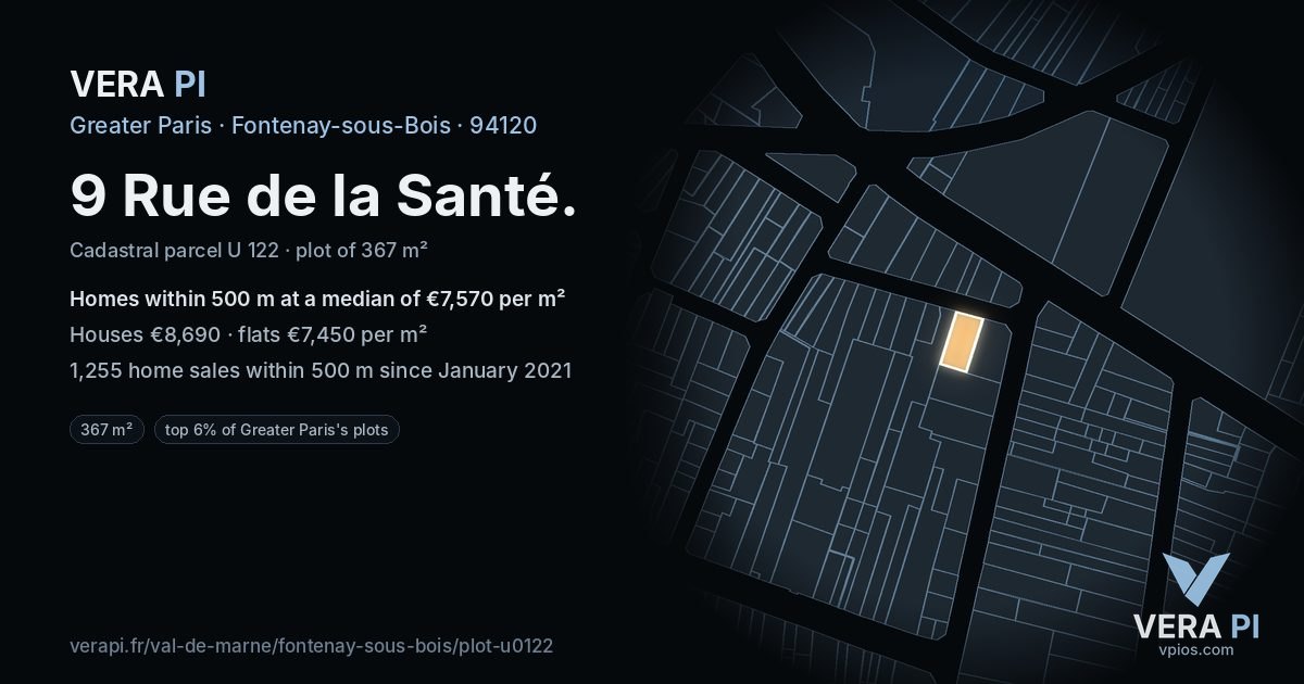 9 Rue de la Santé, Fontenay-sous-Bois at night – the plot lit, the parcels around coloured by the prices near them