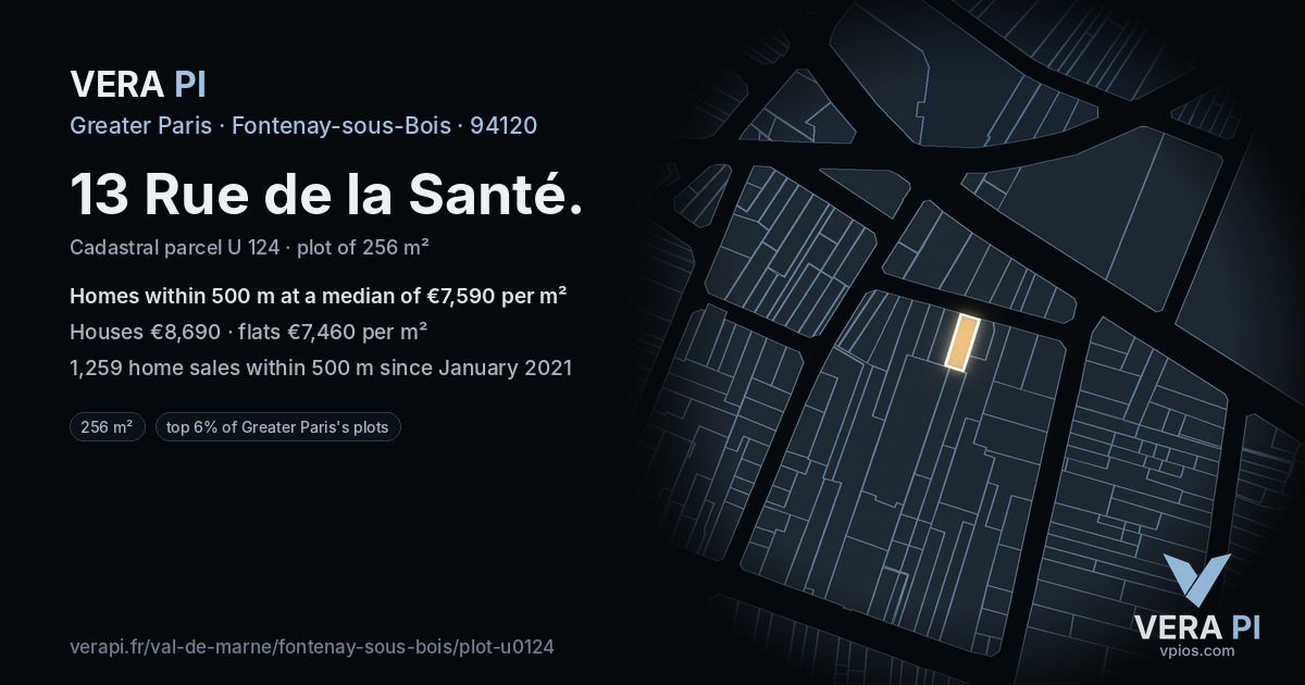 13 Rue de la Santé, Fontenay-sous-Bois at night – the plot lit, the parcels around coloured by the prices near them