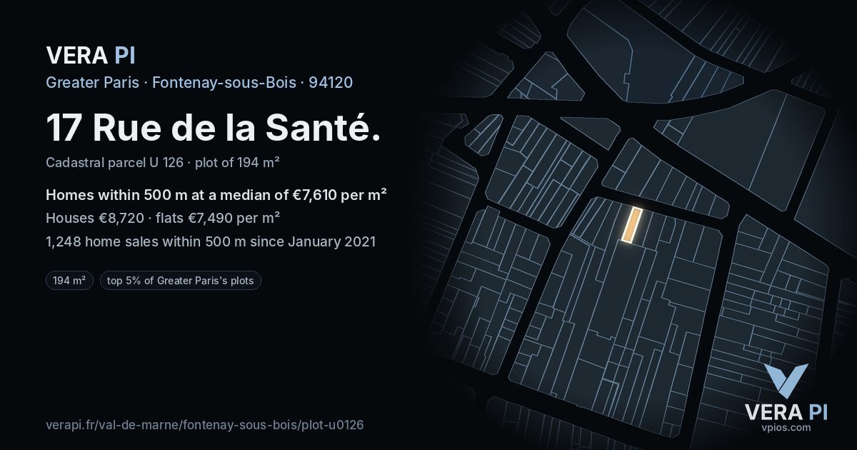 17 Rue de la Santé, Fontenay-sous-Bois at night – the plot lit, the parcels around coloured by the prices near them