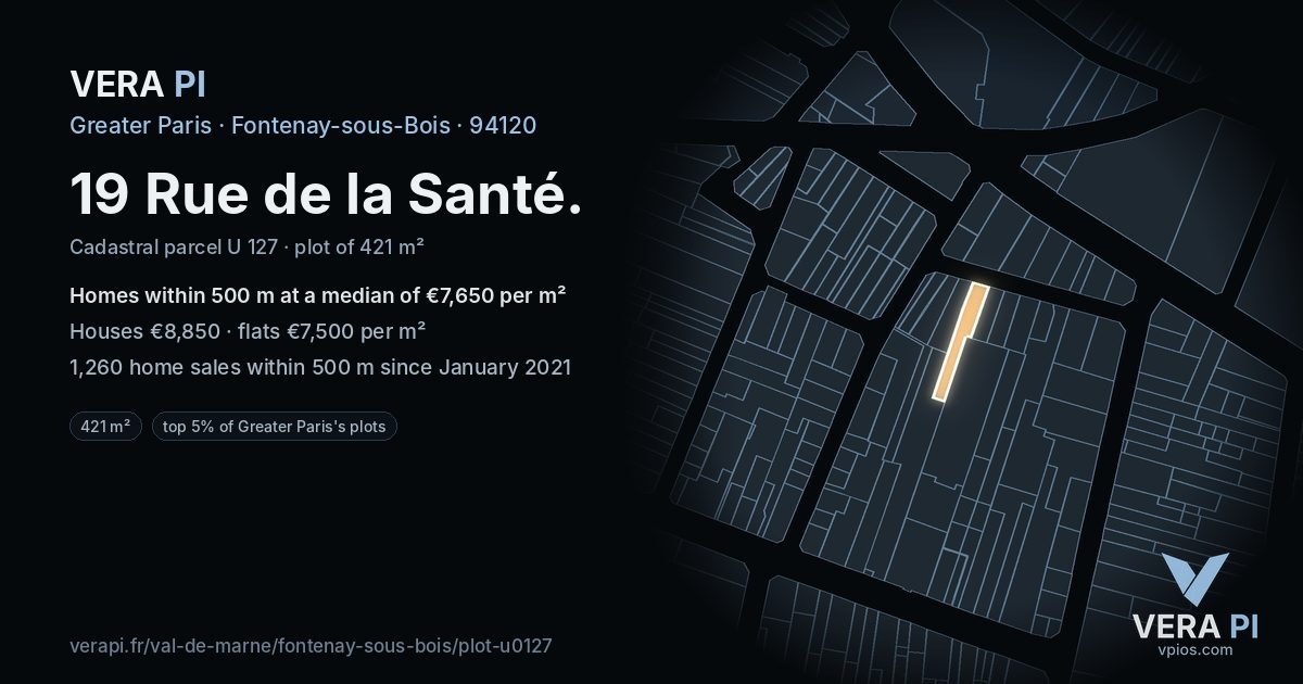 19 Rue de la Santé, Fontenay-sous-Bois at night – the plot lit, the parcels around coloured by the prices near them