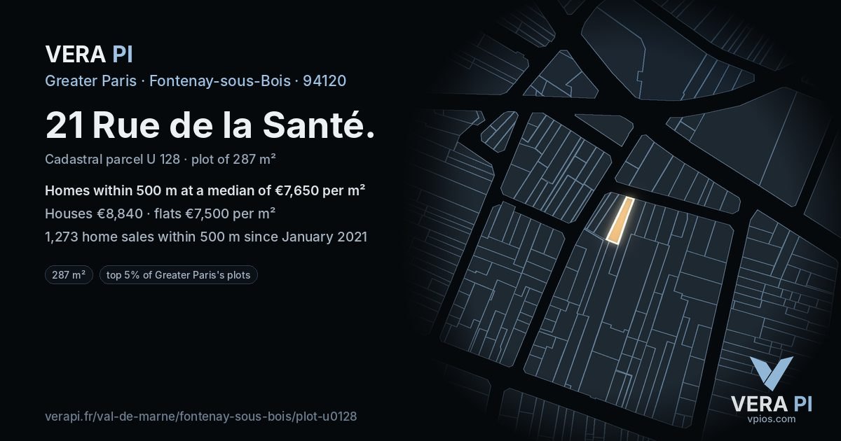 21 Rue de la Santé, Fontenay-sous-Bois at night – the plot lit, the parcels around coloured by the prices near them
